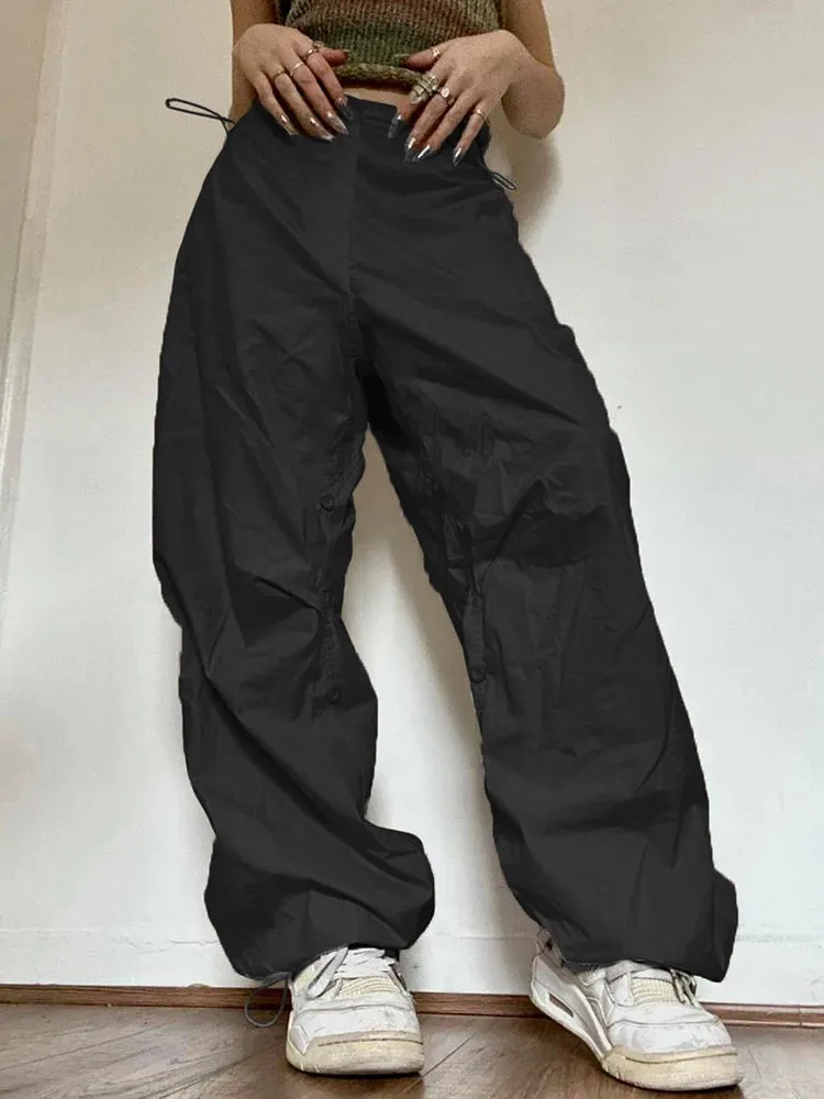 Streetwear Oversize Drawstring Cargos Parachute Pants Low Waist Sweatpants Shirring Hip Hop Baggy Trousers Tech Chic