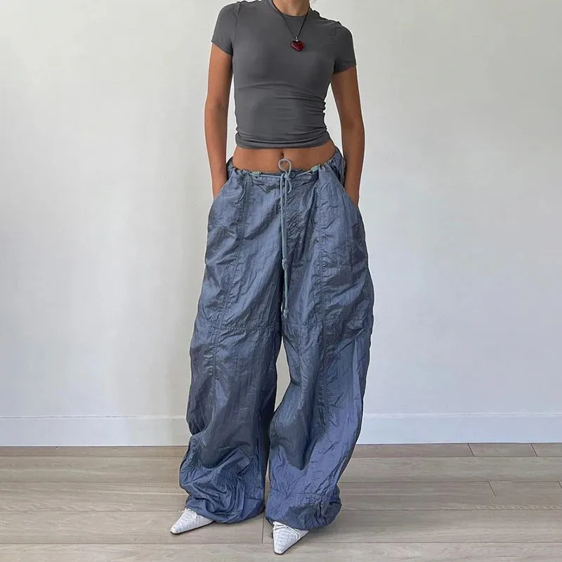 Streetwear Oversized Wide Leg Trousers Low Rise Harajuku Techwear Drawstring Sweatpants Basic Baggy Pants Women Chic