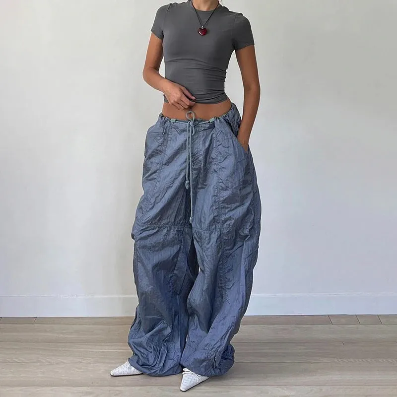 Streetwear Oversized Wide Leg Trousers Low Rise Harajuku Techwear Drawstring Sweatpants Basic Baggy Pants Women Chic