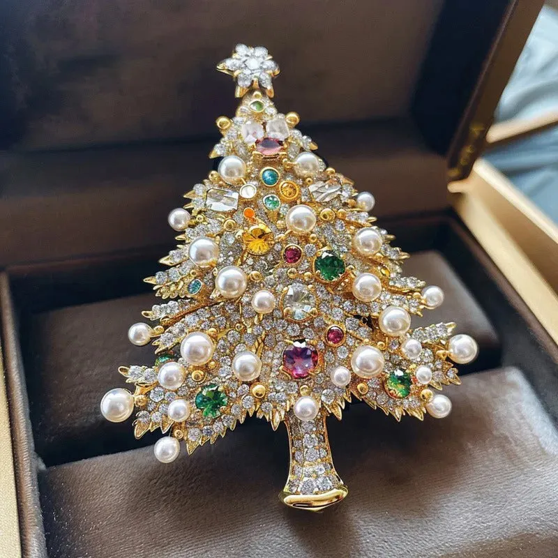 Stunning Christmas Tree Brooch Adorned with Pearls and Crystals