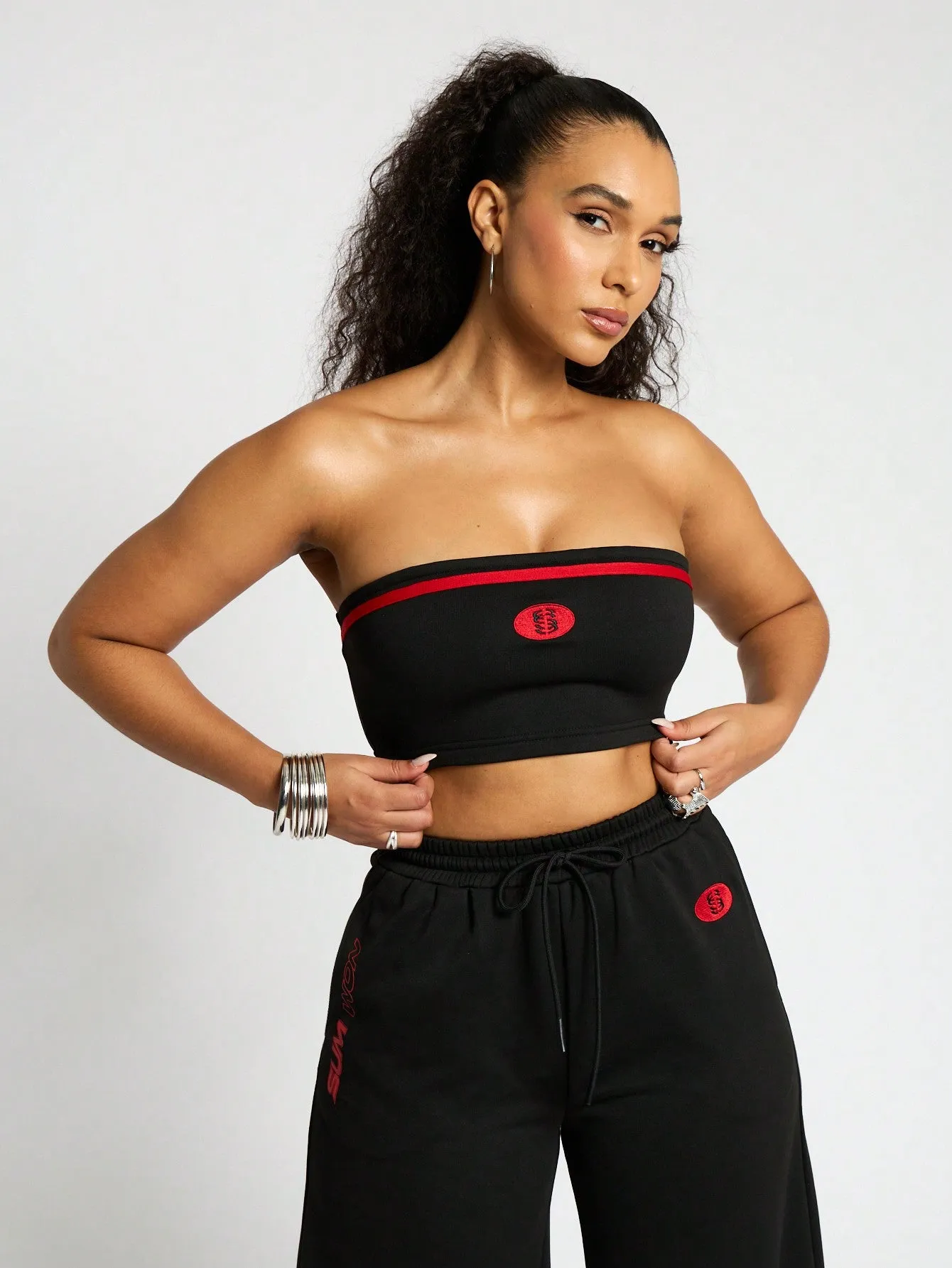 SUMWON WOMEN Graphic Bandeau Crop Top And Wide Leg Jogger Set