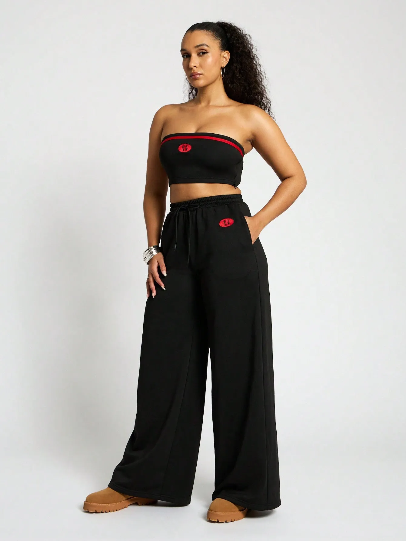 SUMWON WOMEN Graphic Bandeau Crop Top And Wide Leg Jogger Set