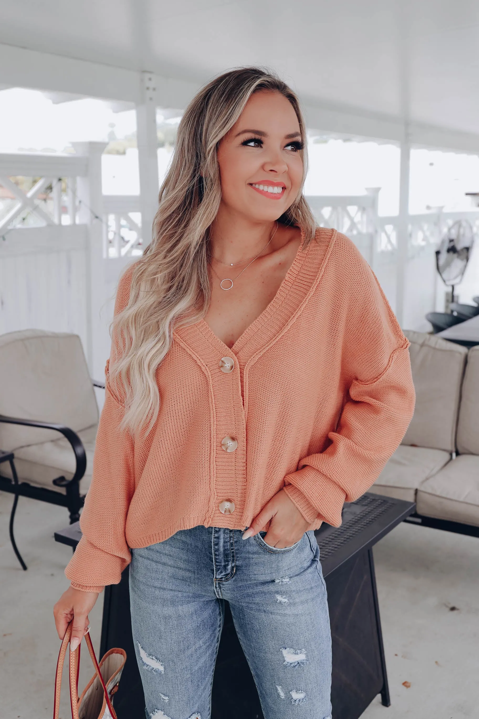 Tammy Button Front Cardigan - Apricot