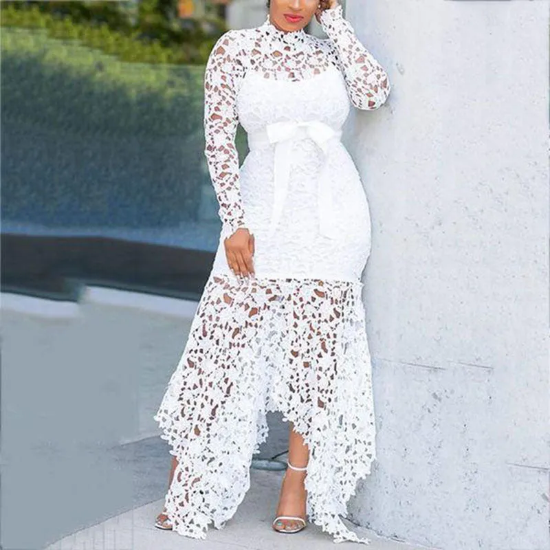 TastyHottie - Laser Cut White Long Sleeve High Low Dress