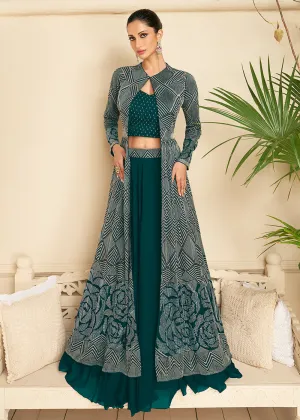 Teal Green Jacket Style Wedding Party Lehenga Skirt Suit