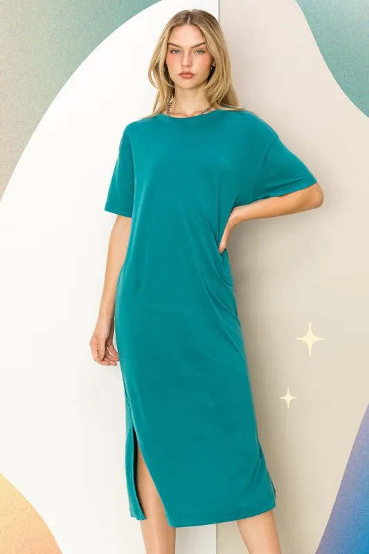 Teal Take A Stroll Side Slit T-Shirt Midi Dress