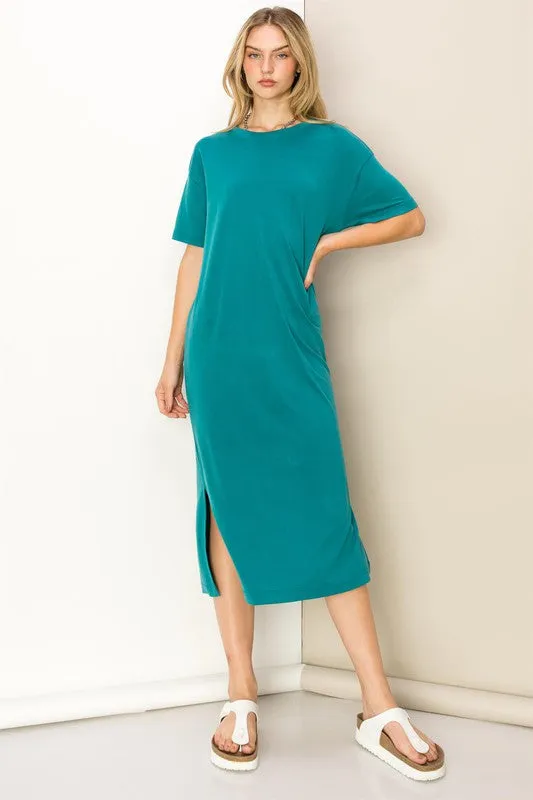 Teal Take A Stroll Side Slit T-Shirt Midi Dress