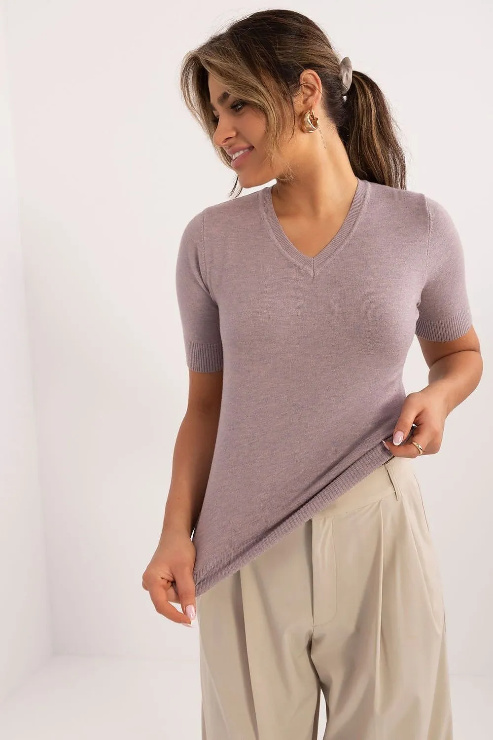 TEEK - High V-Neck Short Sleeve Sweater