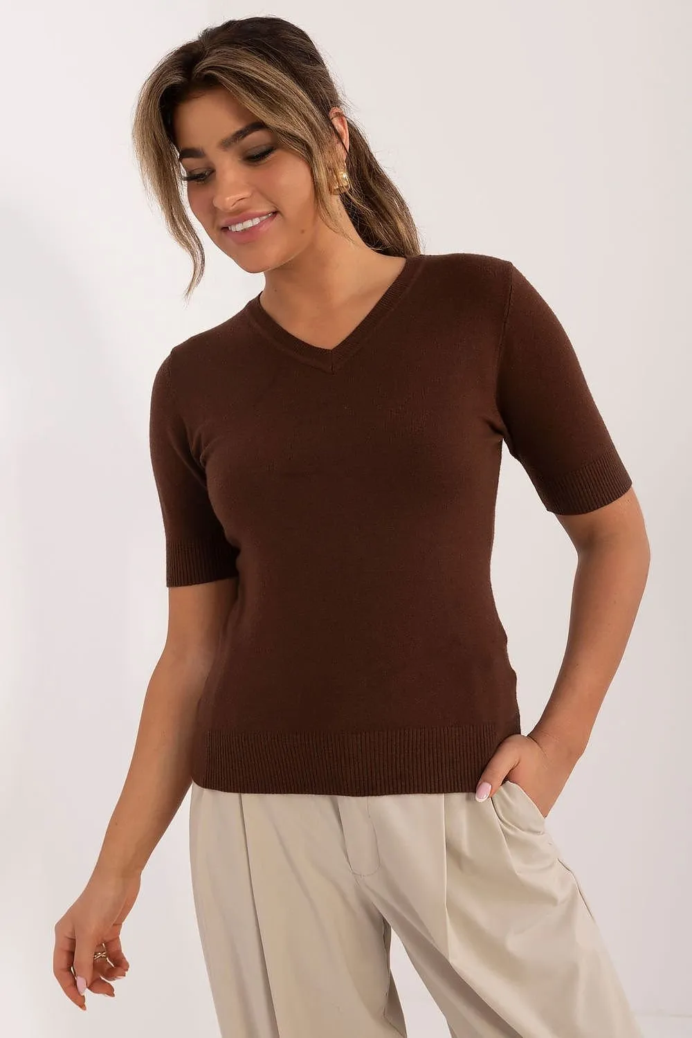 TEEK - High V-Neck Short Sleeve Sweater