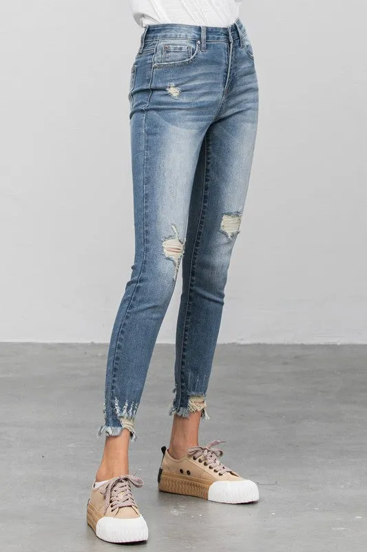 TEEK - Medium Distressed Raw Hem Skinny Jeans