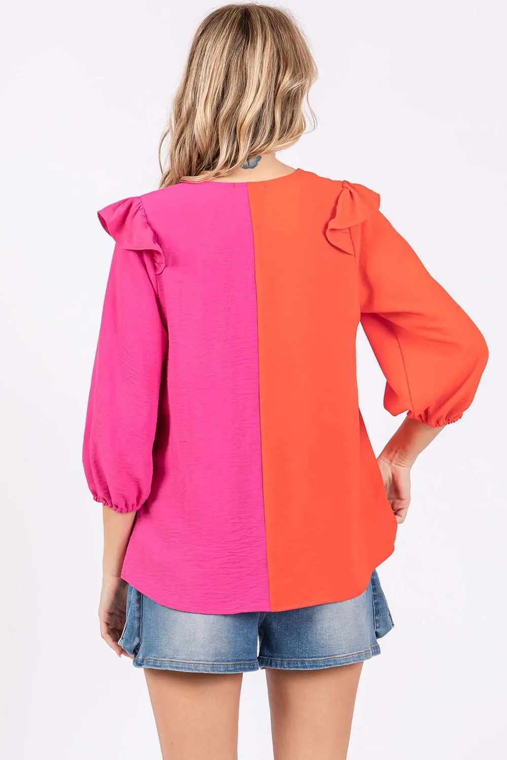 TEEK - Orange Half Fuchsia Ruffle Trim Contrast Blouse