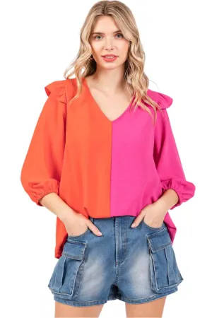 TEEK - Orange Half Fuchsia Ruffle Trim Contrast Blouse