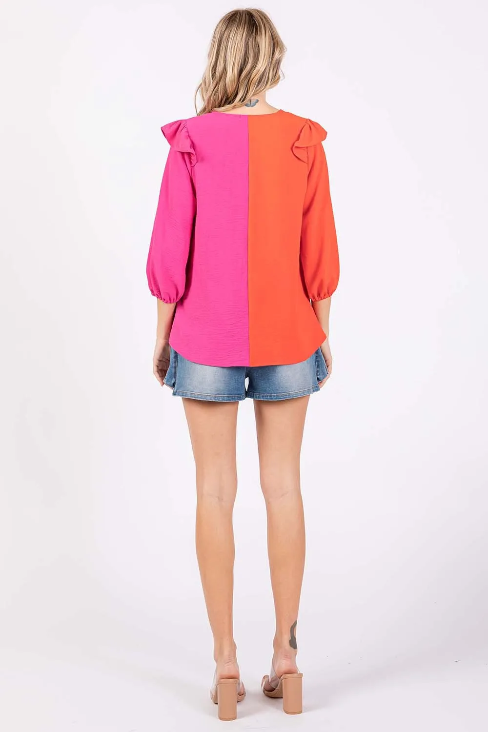 TEEK - Orange Half Fuchsia Ruffle Trim Contrast Blouse