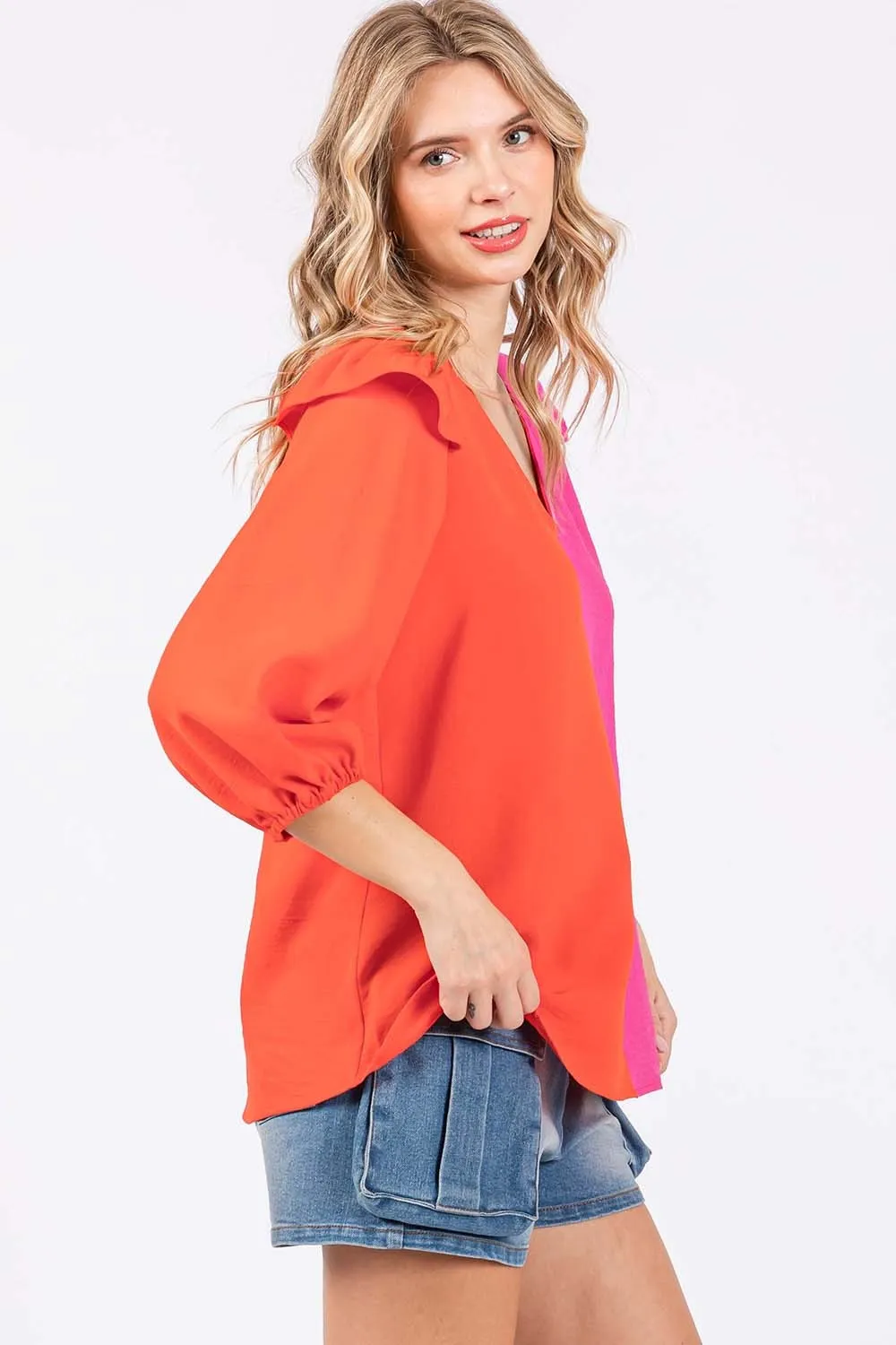 TEEK - Orange Half Fuchsia Ruffle Trim Contrast Blouse