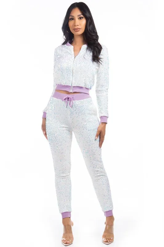 TEEK - WHITE SEQUIN TWO PIECE PANT SET