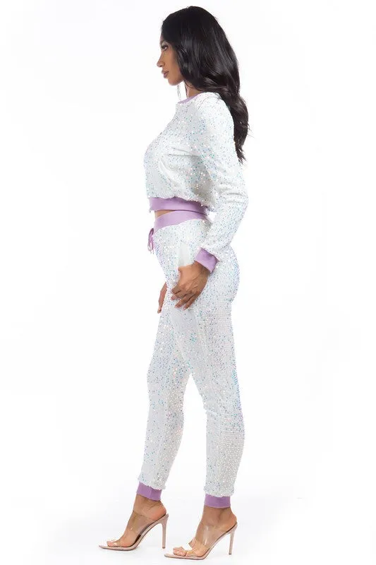 TEEK - WHITE SEQUIN TWO PIECE PANT SET