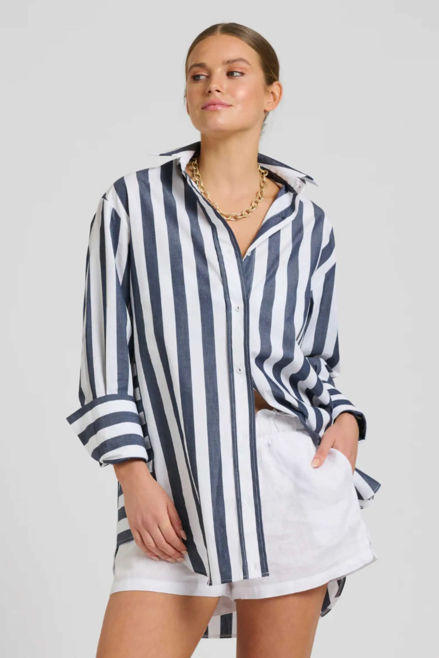 The Andrea Oversized Boyfriend Shirt | Navy Wide Stripe