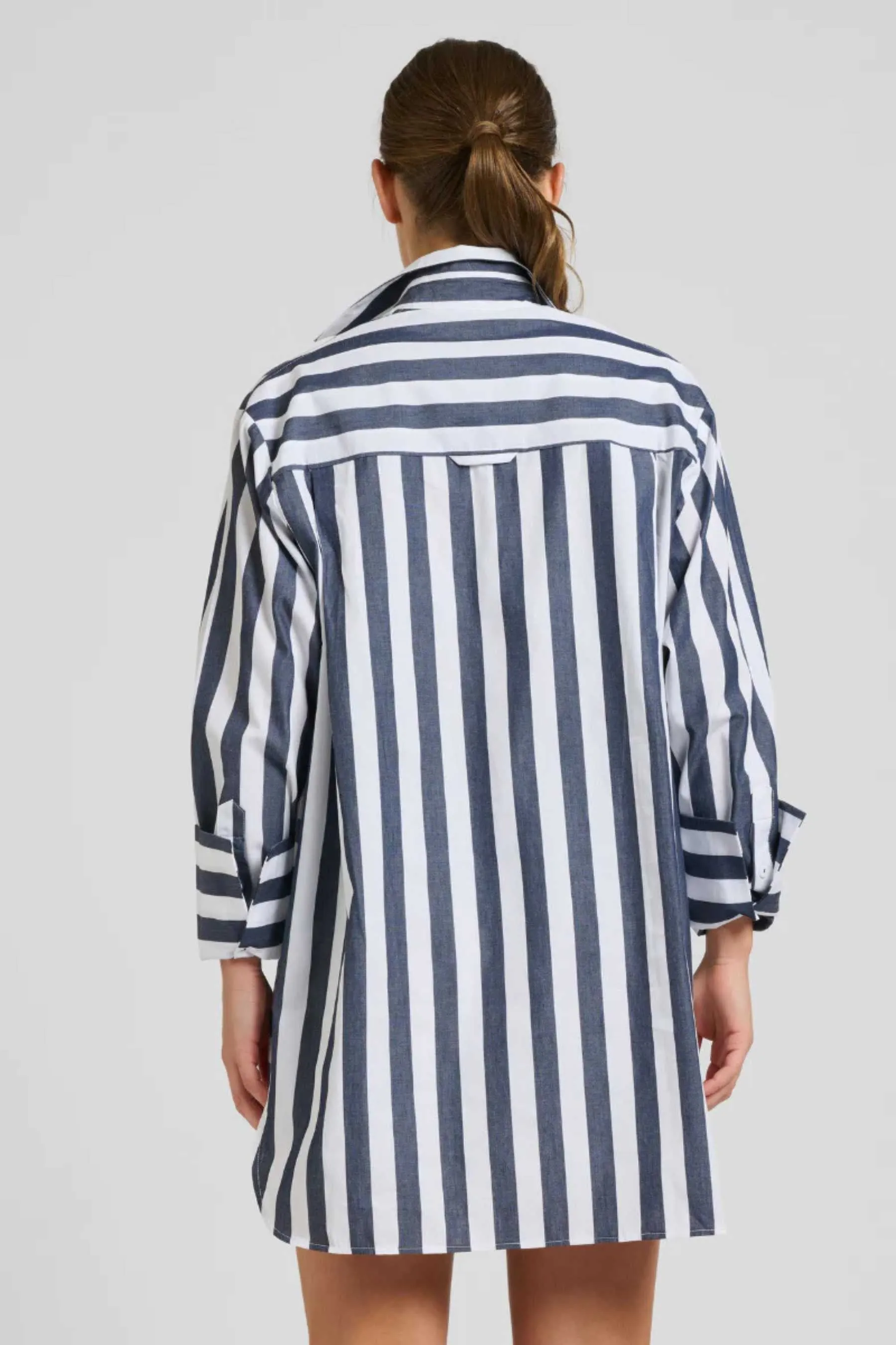 The Andrea Oversized Boyfriend Shirt | Navy Wide Stripe