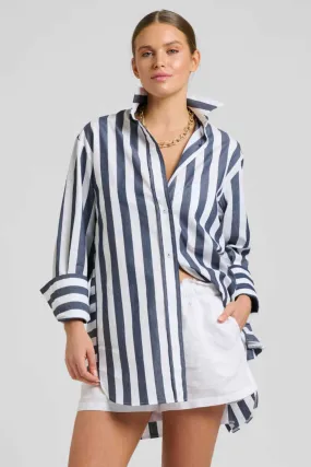 The Andrea Oversized Boyfriend Shirt | Navy Wide Stripe