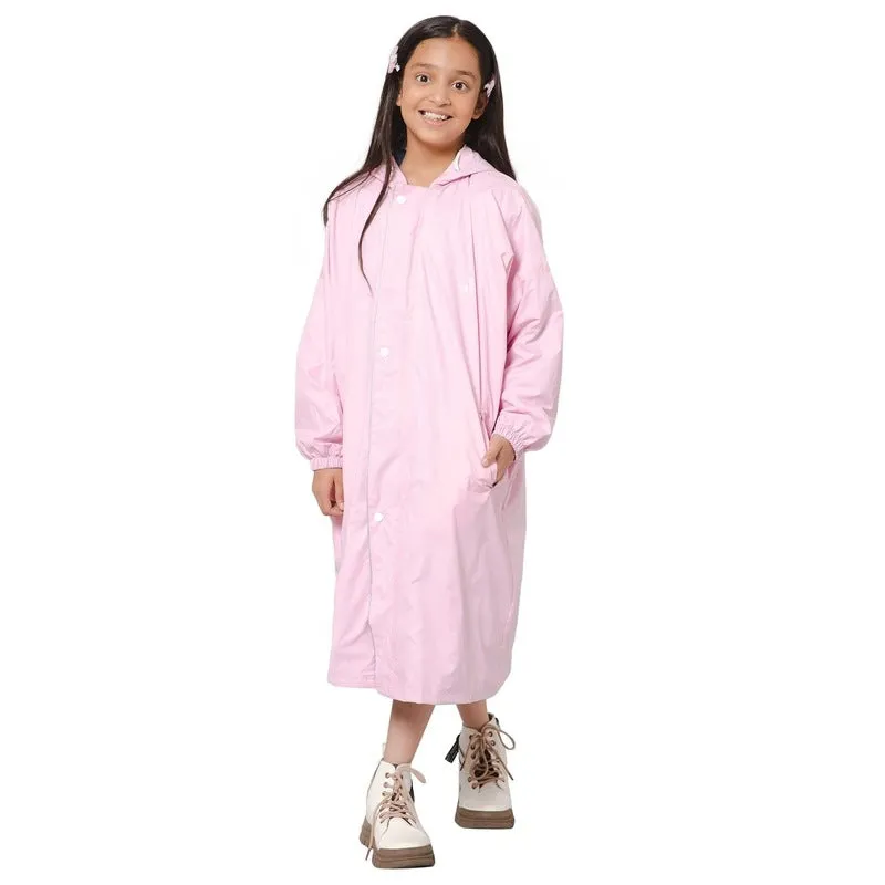 THE CLOWNFISH Cloud Chaser Series Kids Raincoat Waterproof Polyester Double Coating Reversible Longcoat with Hood and Reflector Logo at Back. Printed Plastic Pouch. Kid Age-11-12 years (Blush Pink)