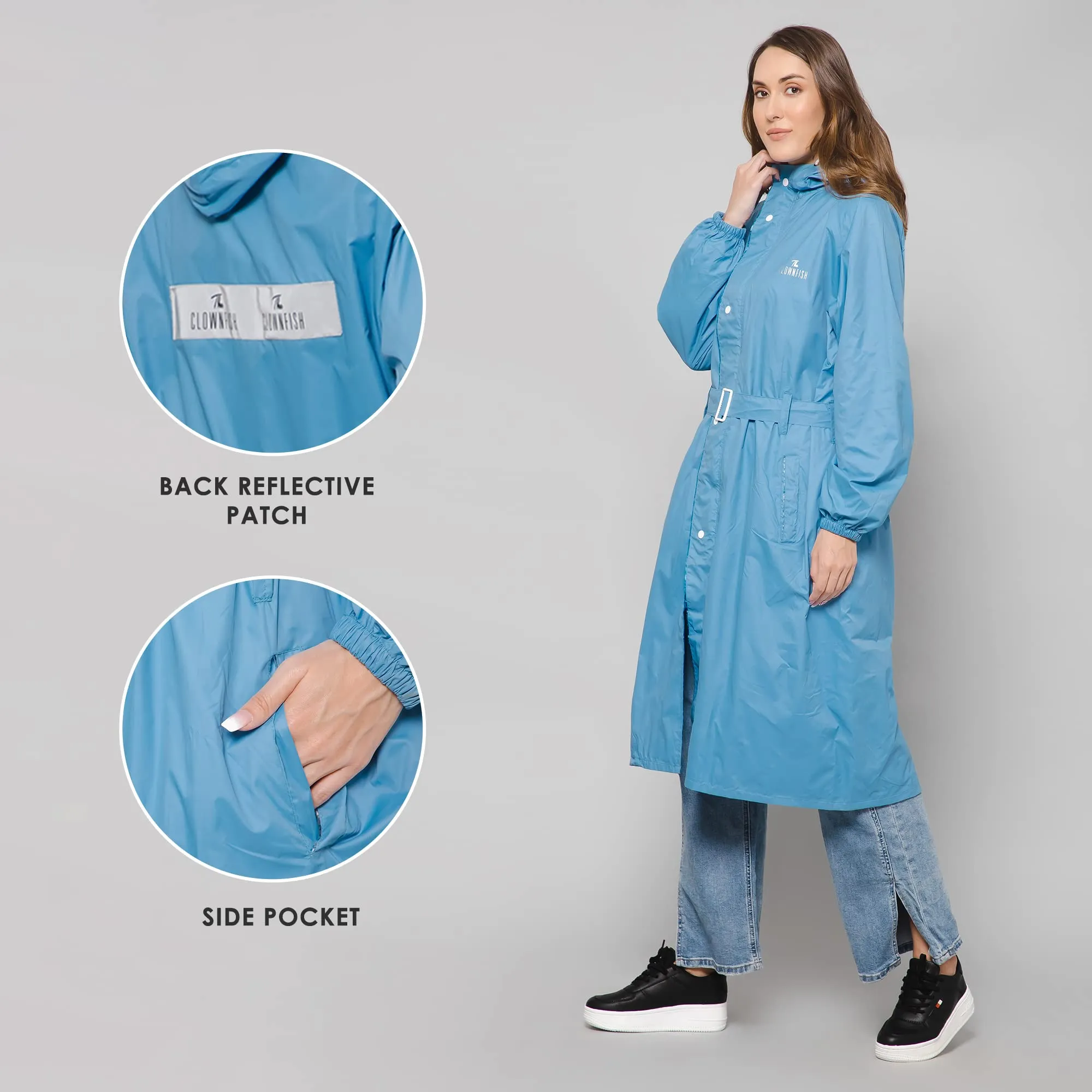 THE CLOWNFISH Raincoats for Women Rain Coat for Women Longcoat Raincoat for Ladies Waterproof Reversible Double Layer. Aquashield Series Skyblue Large