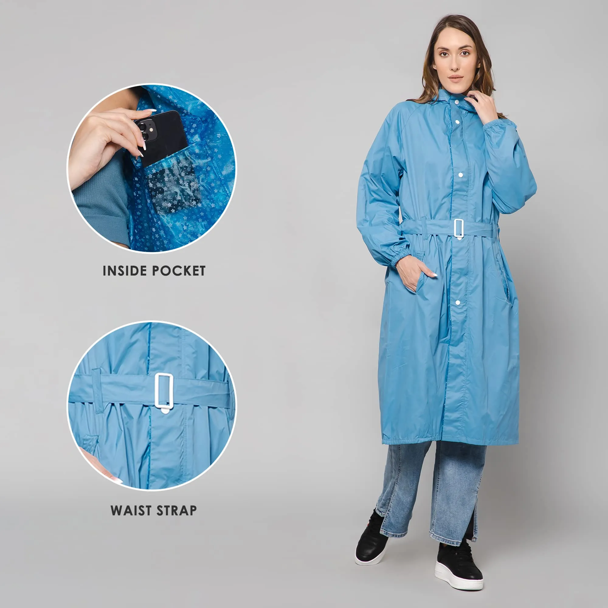 THE CLOWNFISH Raincoats for Women Rain Coat for Women Longcoat Raincoat for Ladies Waterproof Reversible Double Layer. Aquashield Series Skyblue Large