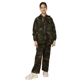 THE CLOWNFISH Scout Series Kids Polyester Double Coating Reversible Raincoat with Hood and Reflector Logo at Back. Set of Top and Bottom. Printed Plastic Pouch. Kid Age-5-7 years (Green Camo)