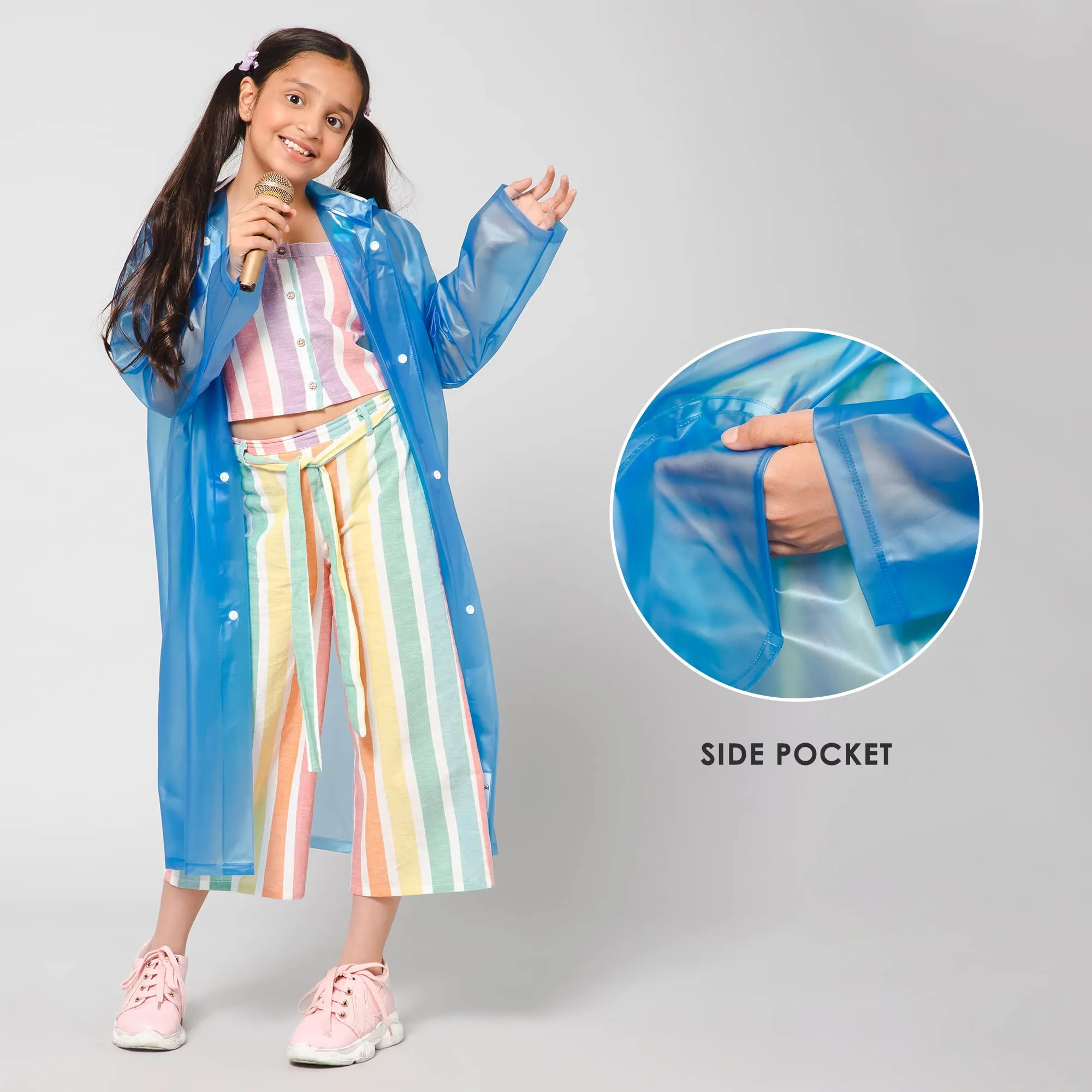 THE CLOWNFISH Storm Shield Series Unisex Kids Waterproof Single Layer PVC Longcoat/Raincoat with Adjustable Hood. Age-9-10 Years (Dark Blue)