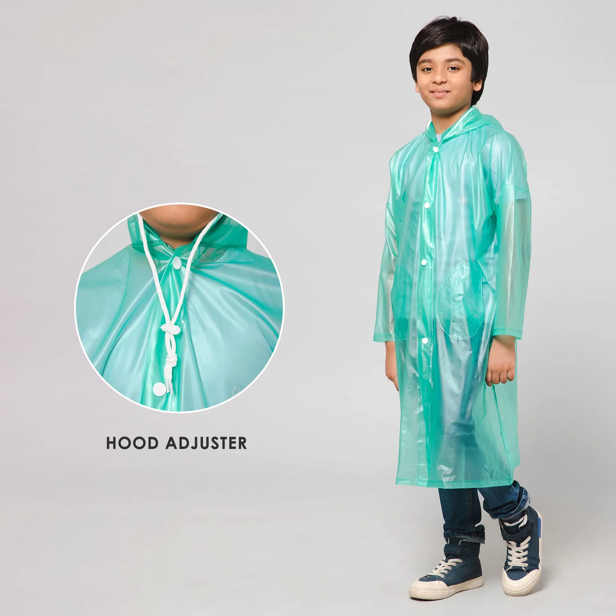 THE CLOWNFISH Wet & Wild Series Unisex Kids Waterproof Single Layer PVC Longcoat/Raincoat with Adjustable Hood. Age-3-4 Years (Fern Green)