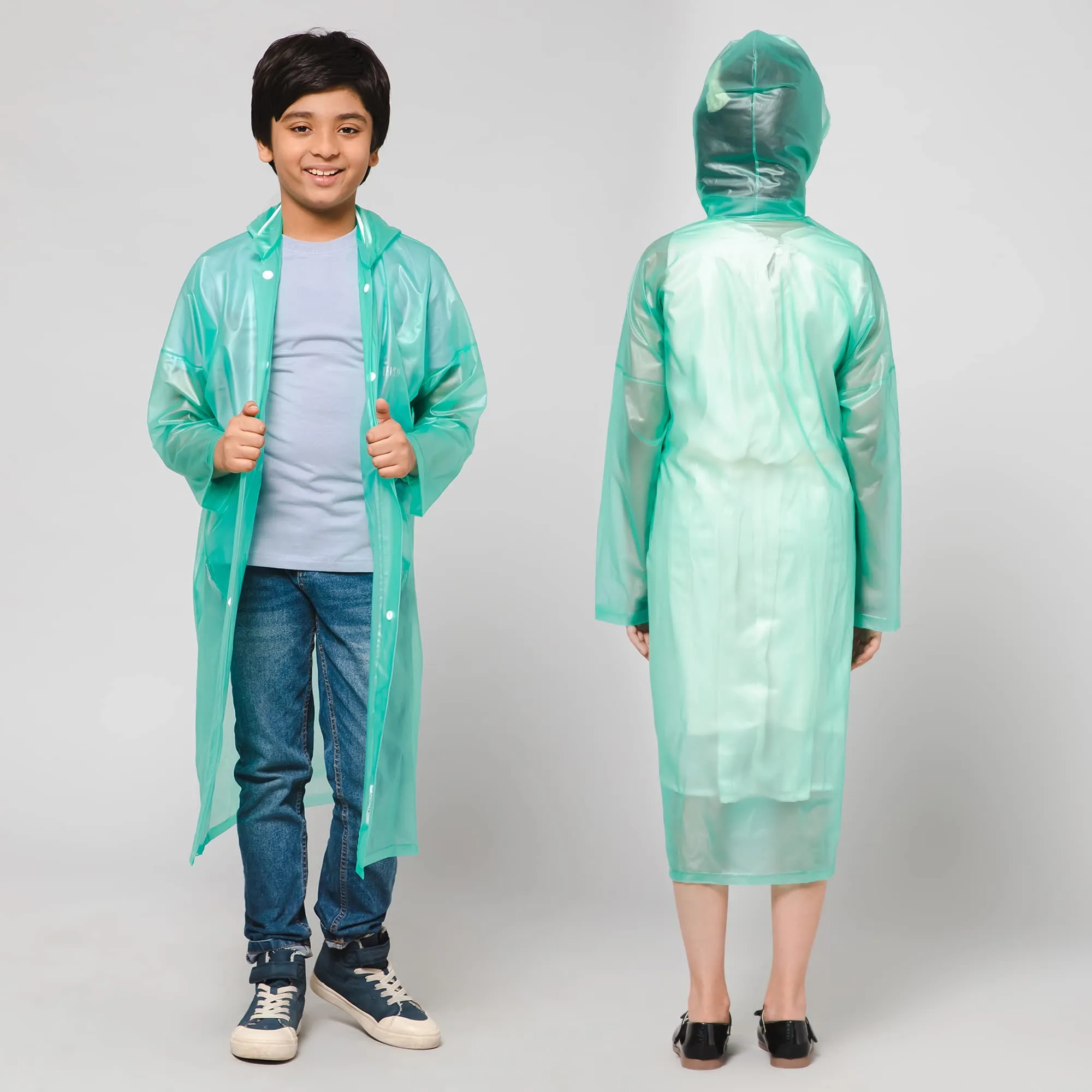 THE CLOWNFISH Wet & Wild Series Unisex Kids Waterproof Single Layer PVC Longcoat/Raincoat with Adjustable Hood. Age-3-4 Years (Fern Green)