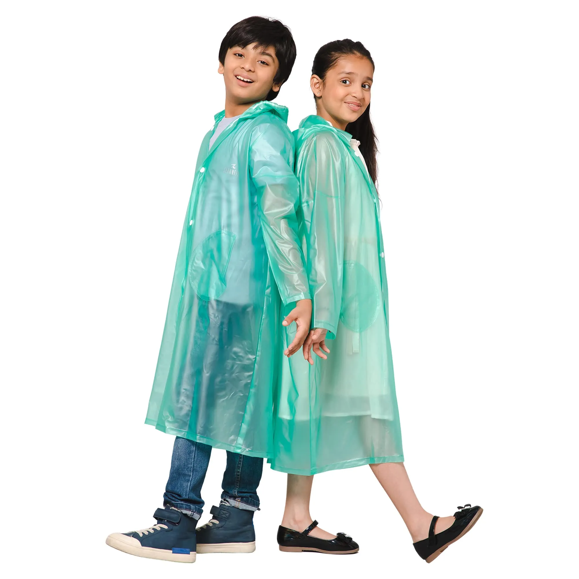 THE CLOWNFISH Wet & Wild Series Unisex Kids Waterproof Single Layer PVC Longcoat/Raincoat with Adjustable Hood. Age-5-6 Years (Fern Green)