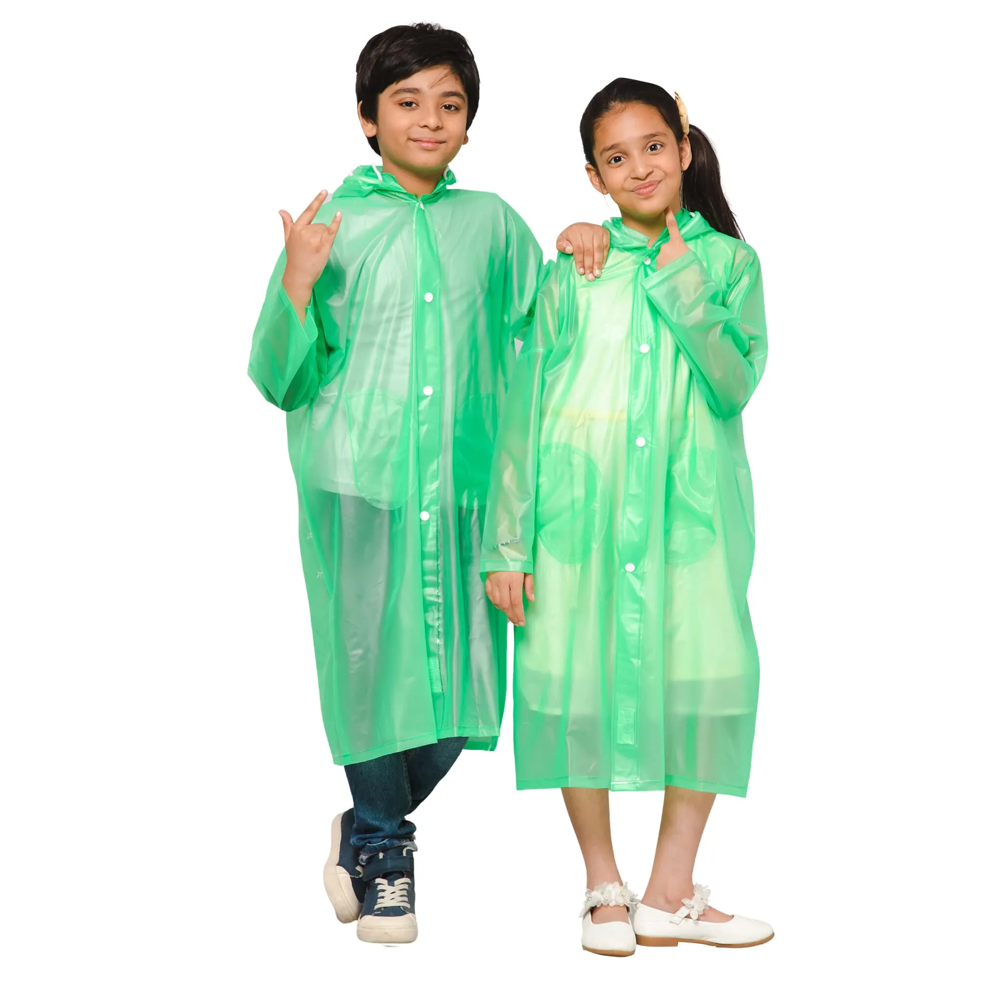 THE CLOWNFISH Wet & Wild Series Unisex Kids Waterproof Single Layer PVC Longcoat/Raincoat with Adjustable Hood. Age-5-6 Years (Fluoroscent Green)