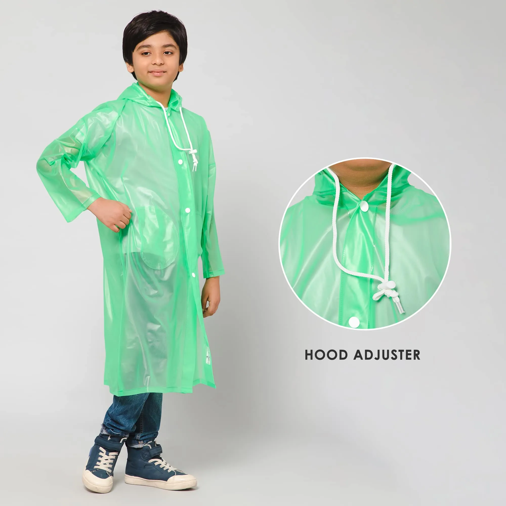 THE CLOWNFISH Wet & Wild Series Unisex Kids Waterproof Single Layer PVC Longcoat/Raincoat with Adjustable Hood. Age-5-6 Years (Fluoroscent Green)