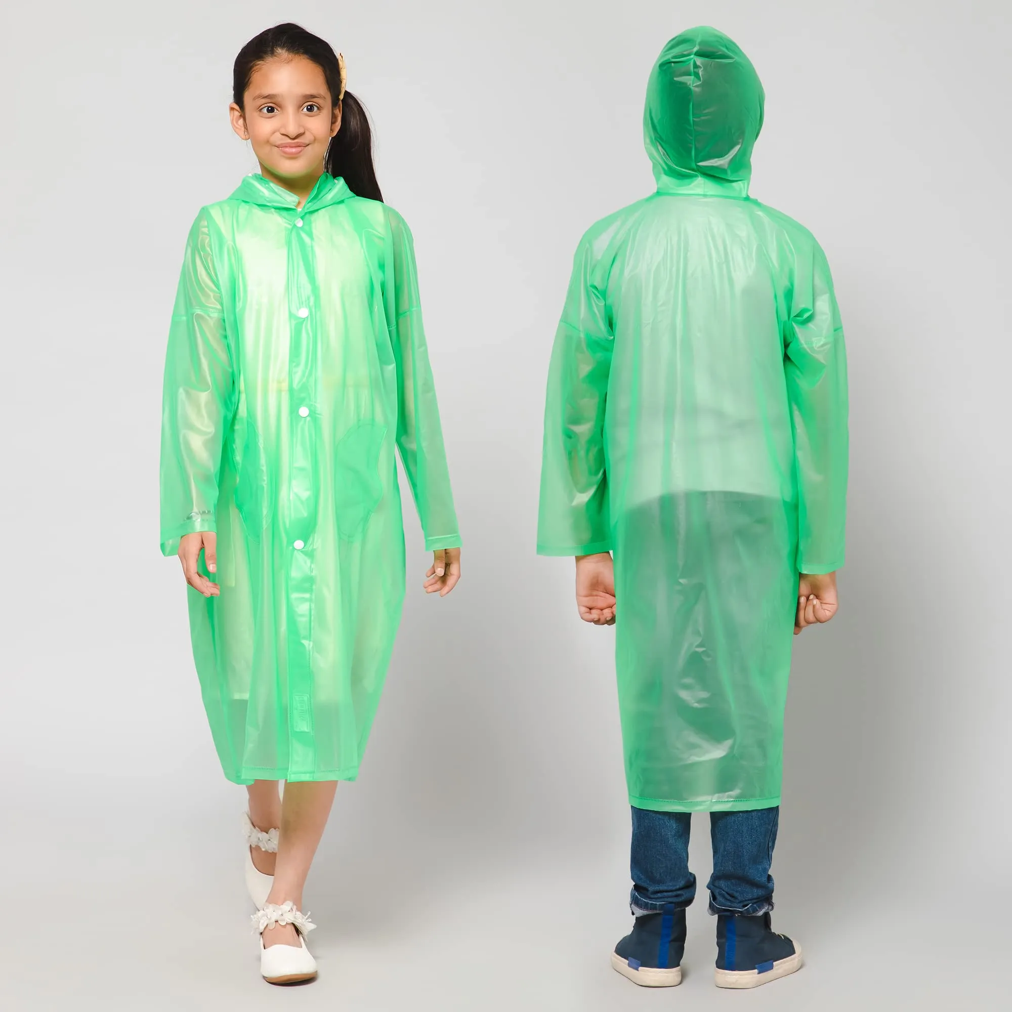 THE CLOWNFISH Wet & Wild Series Unisex Kids Waterproof Single Layer PVC Longcoat/Raincoat with Adjustable Hood. Age-5-6 Years (Fluoroscent Green)