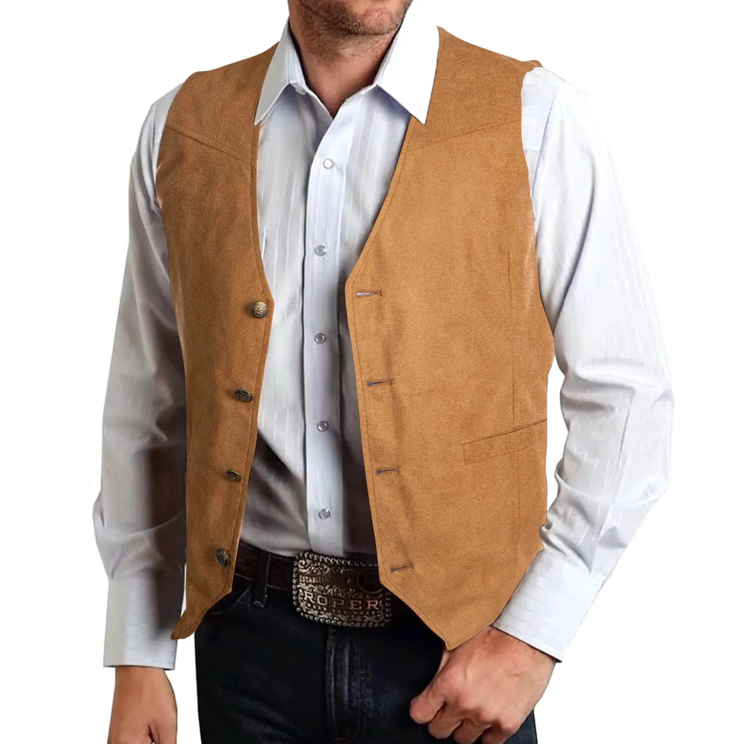 Ties2you Buttons Vest Men's Copper Brown Suede Leather Solid Single Waistcoat