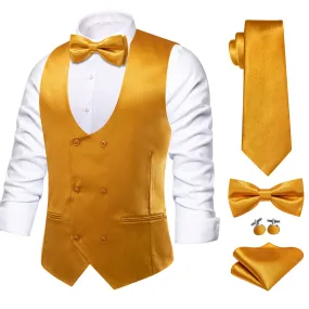 Ties2you Double Breasted Vest Copper Gold Solid Mens Work Dress Vest Tie Bowtie Set 5PC