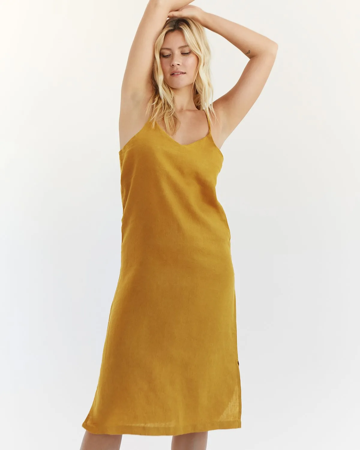 Turmeric 100% French Flax Linen Midi Dress