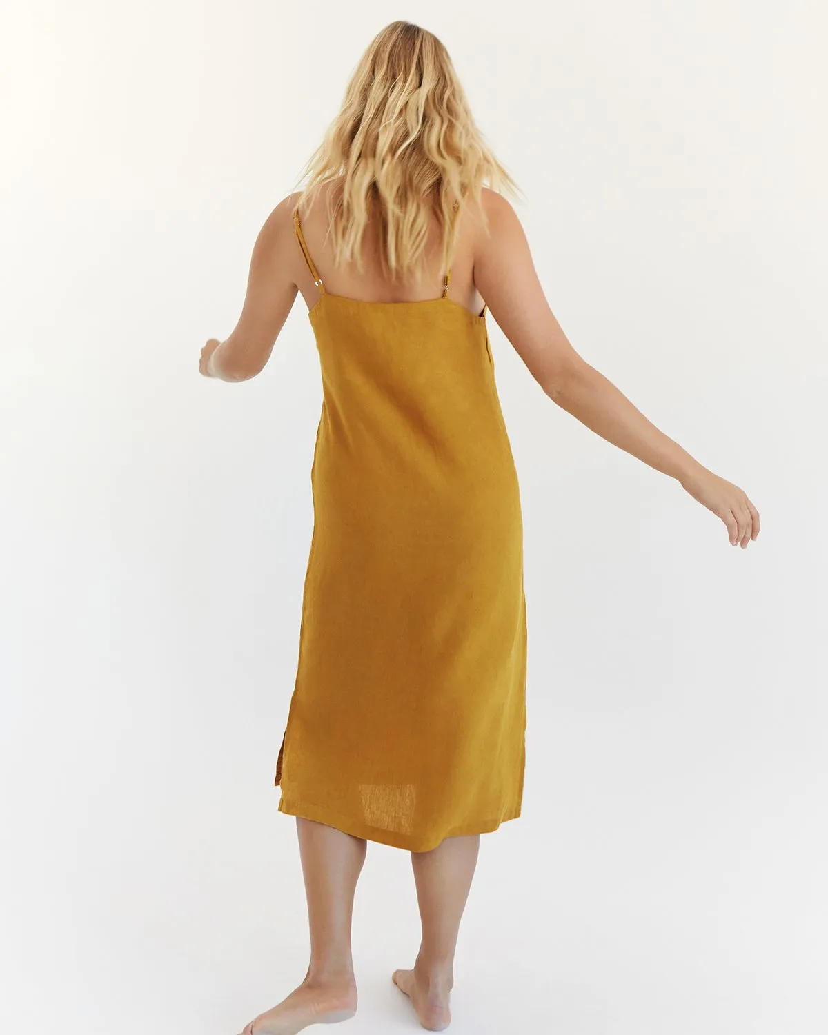 Turmeric 100% French Flax Linen Midi Dress