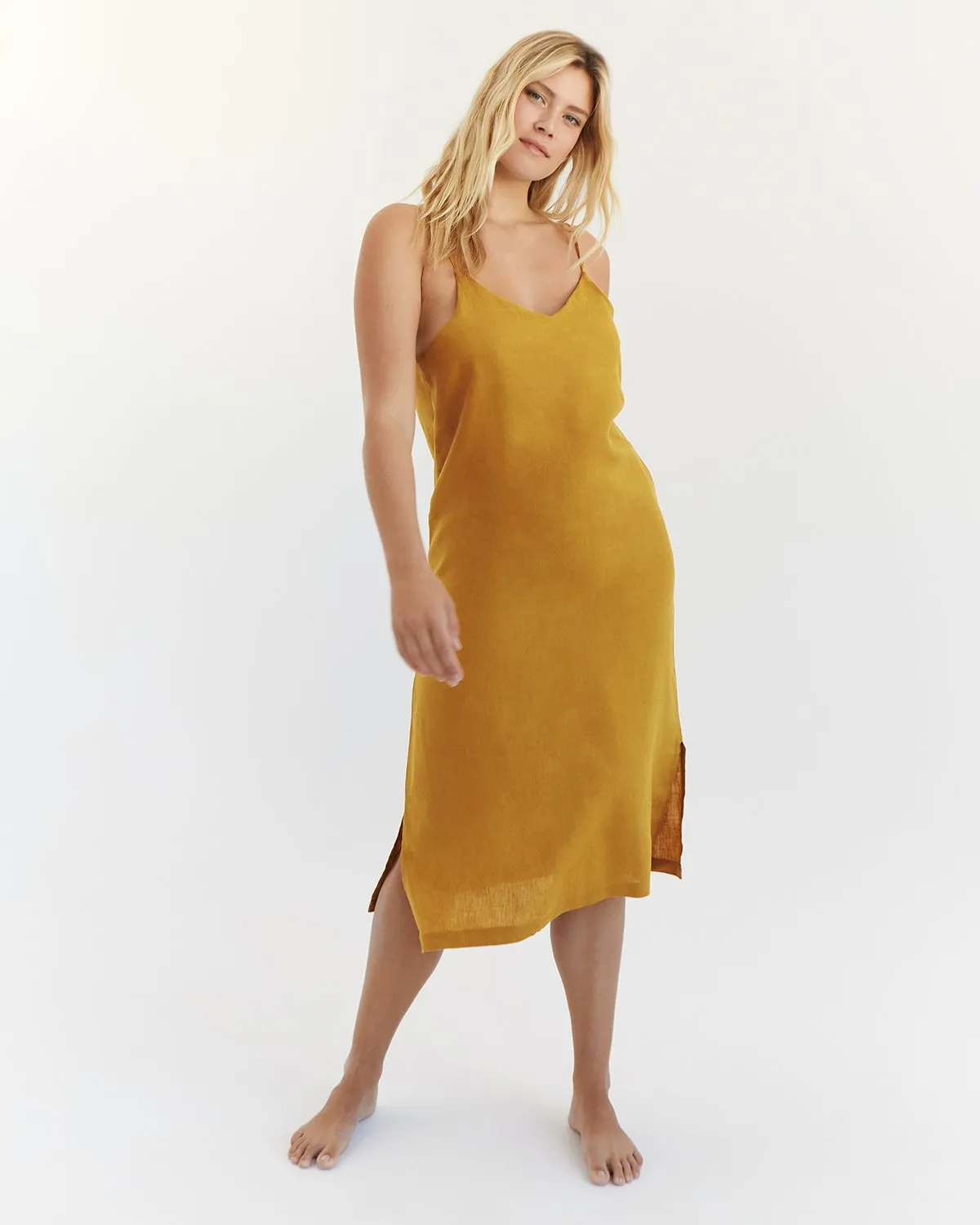 Turmeric 100% French Flax Linen Midi Dress