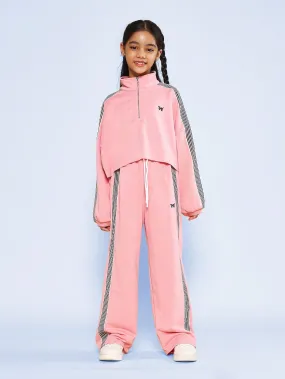 Tween Girls Crop Long Sleeve Funnel Neck Track Shirt And Pant With Side Stripe Tape & Embroidered Butterfly 2 Piece Set