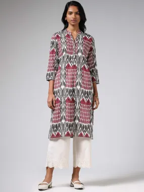 Utsa Maroon and Grey Ikat Printed Cotton Straight Kurta