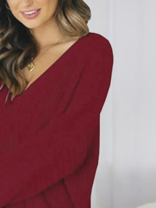 V-Neck Long Sleeve Mini Sweater Dress