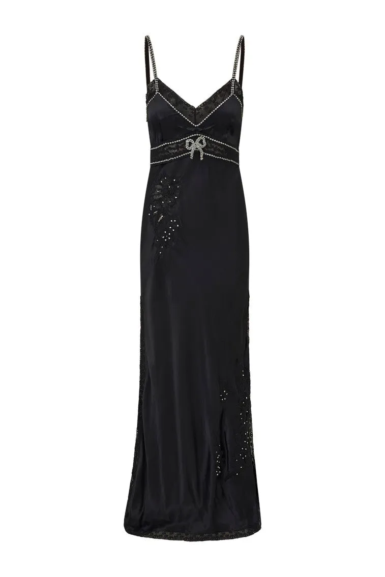 Valea Embellished Satin Maxi Dress - BLACK