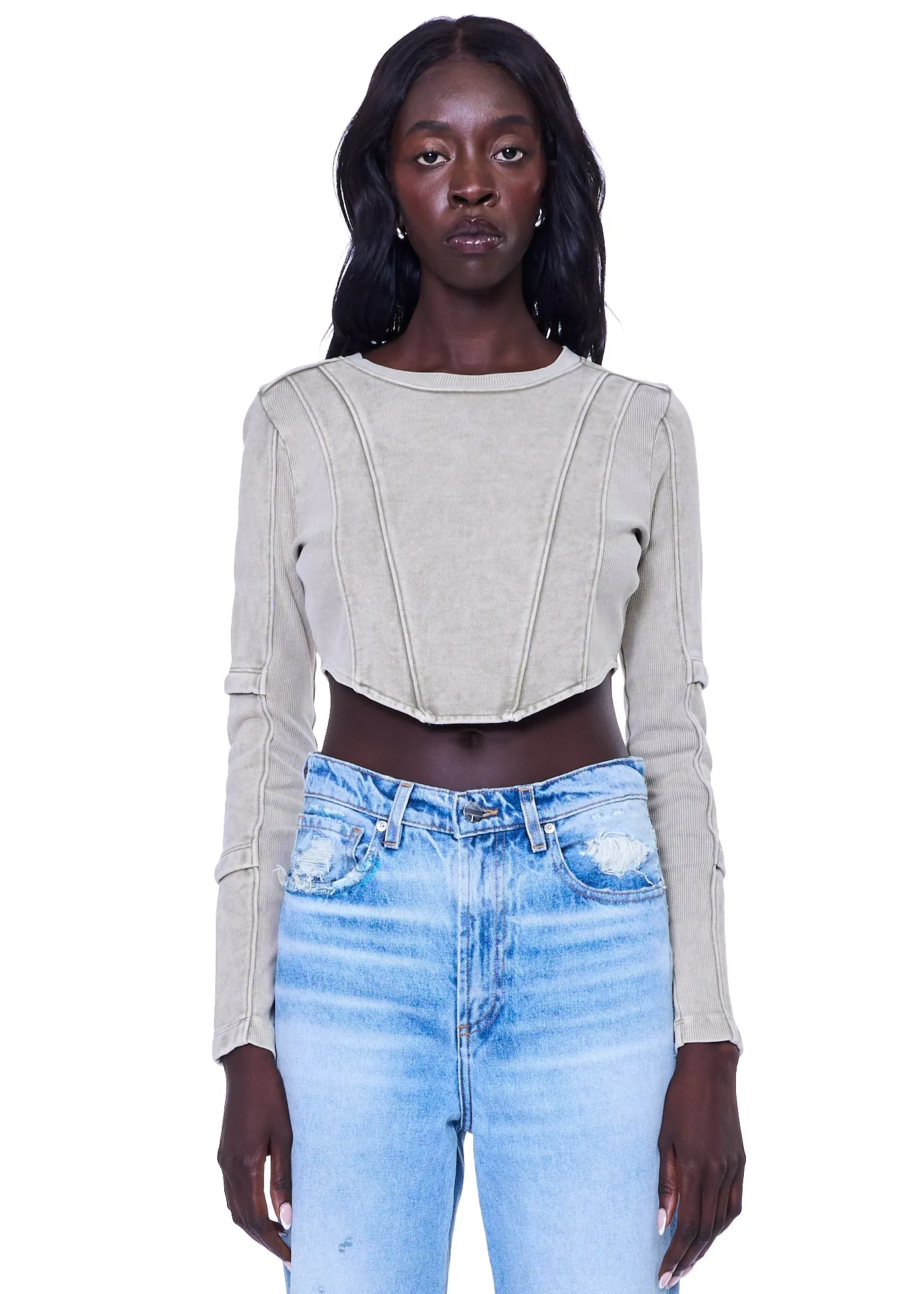 VIAVIA Moto Blocked Crop Top In Washed Silver Sage