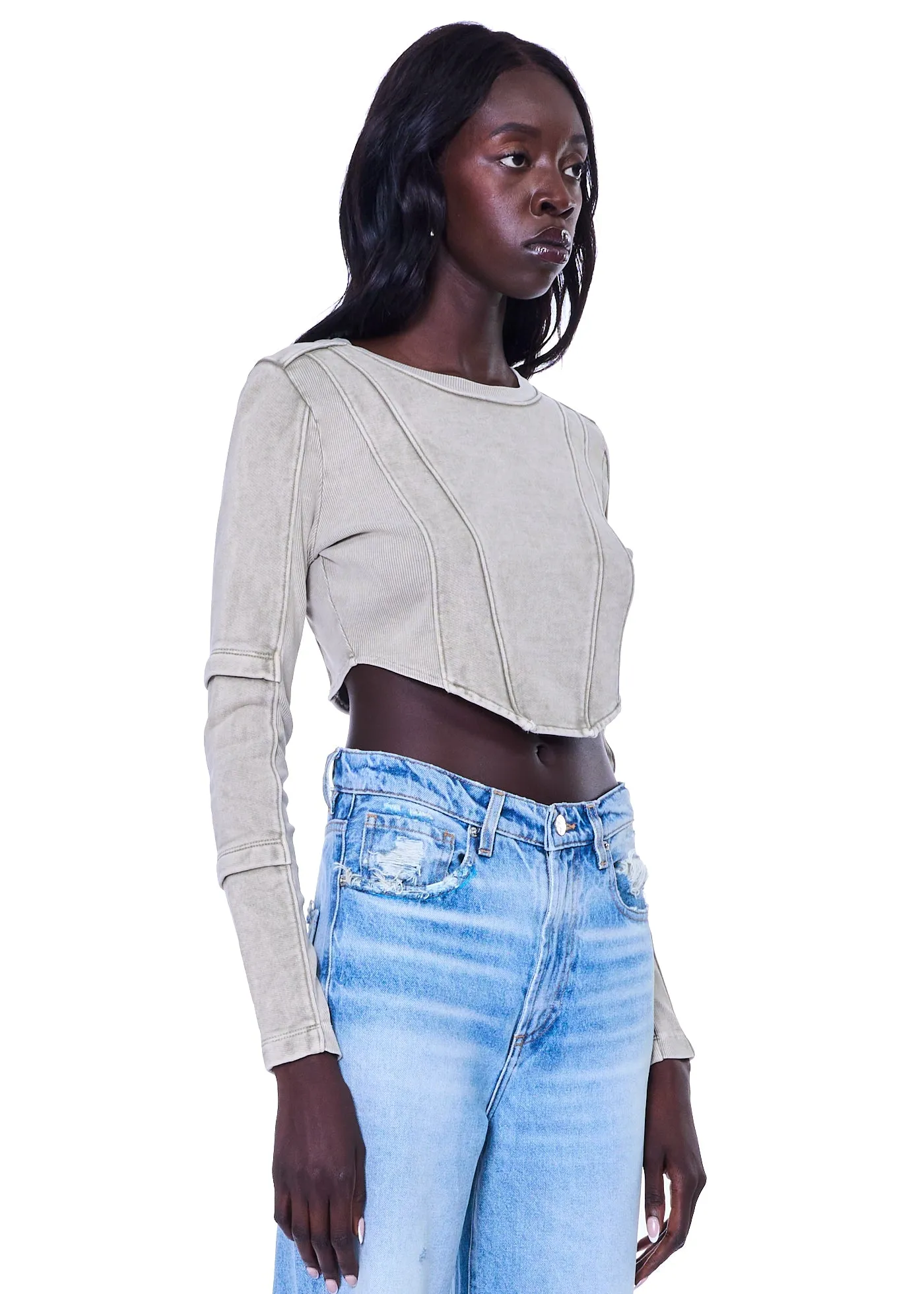 VIAVIA Moto Blocked Crop Top In Washed Silver Sage