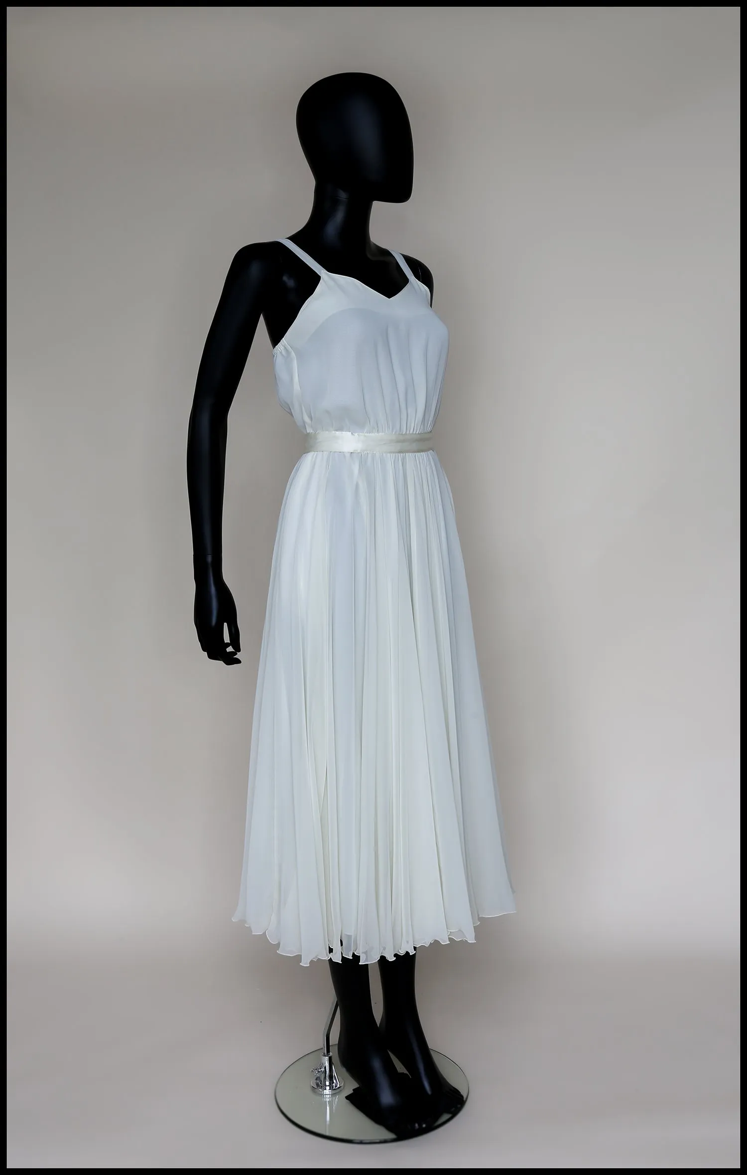 Vintage 1970s Ivory Chiffon Flared Midi Dress