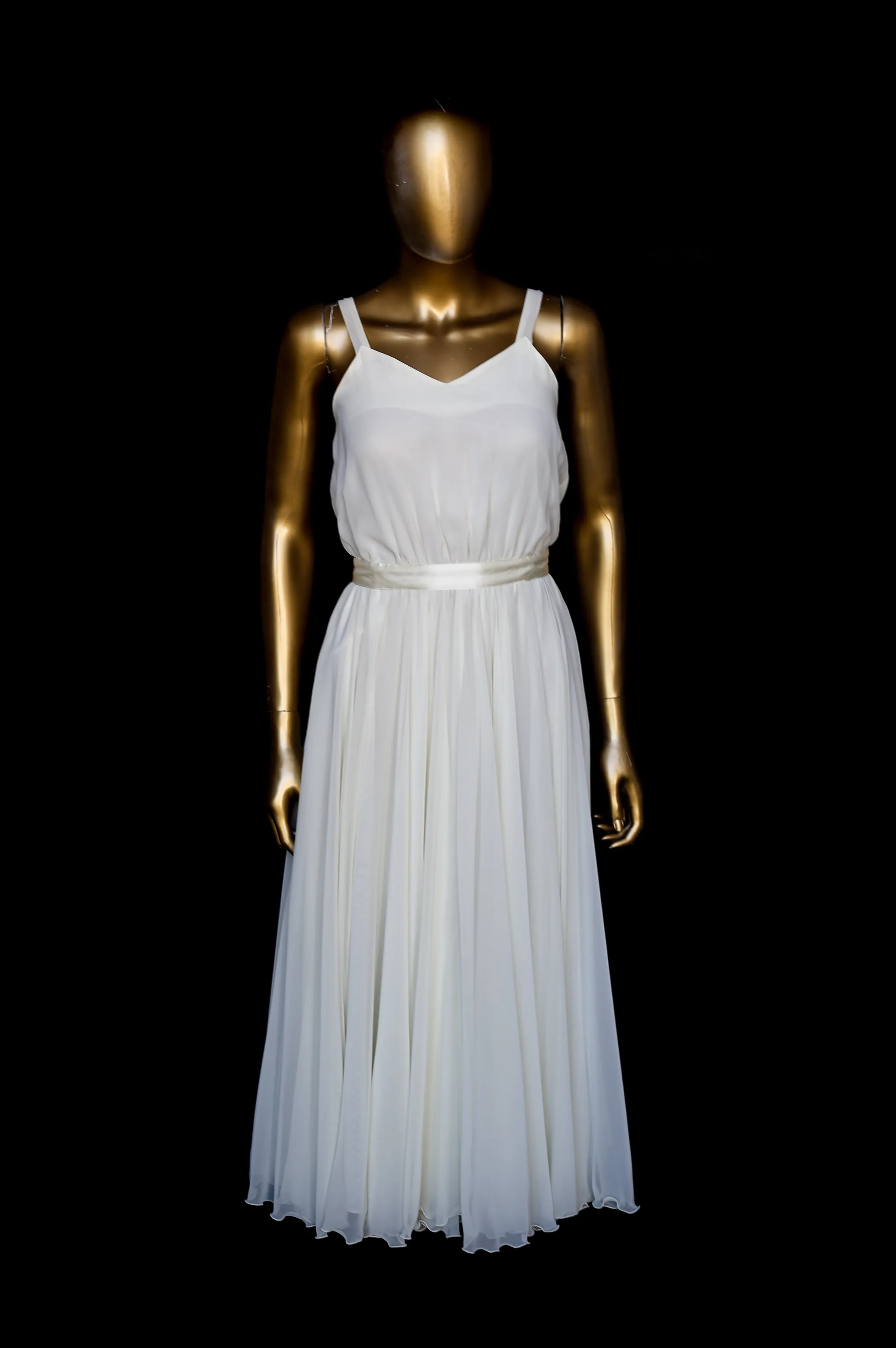 Vintage 1970s Ivory Chiffon Flared Midi Dress