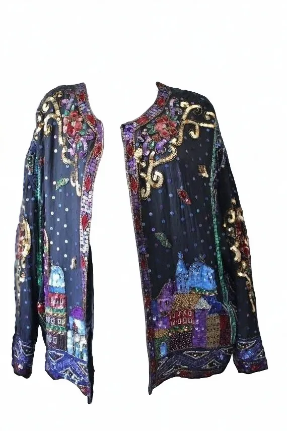 Vintage black silk sequin cardigan sz 2X