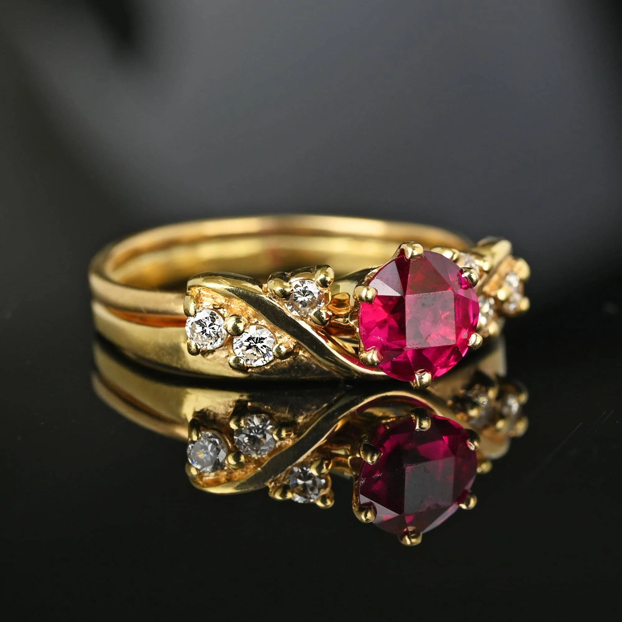 Vintage Ruby Solitaire Diamond Jacket Ring in 14K Gold