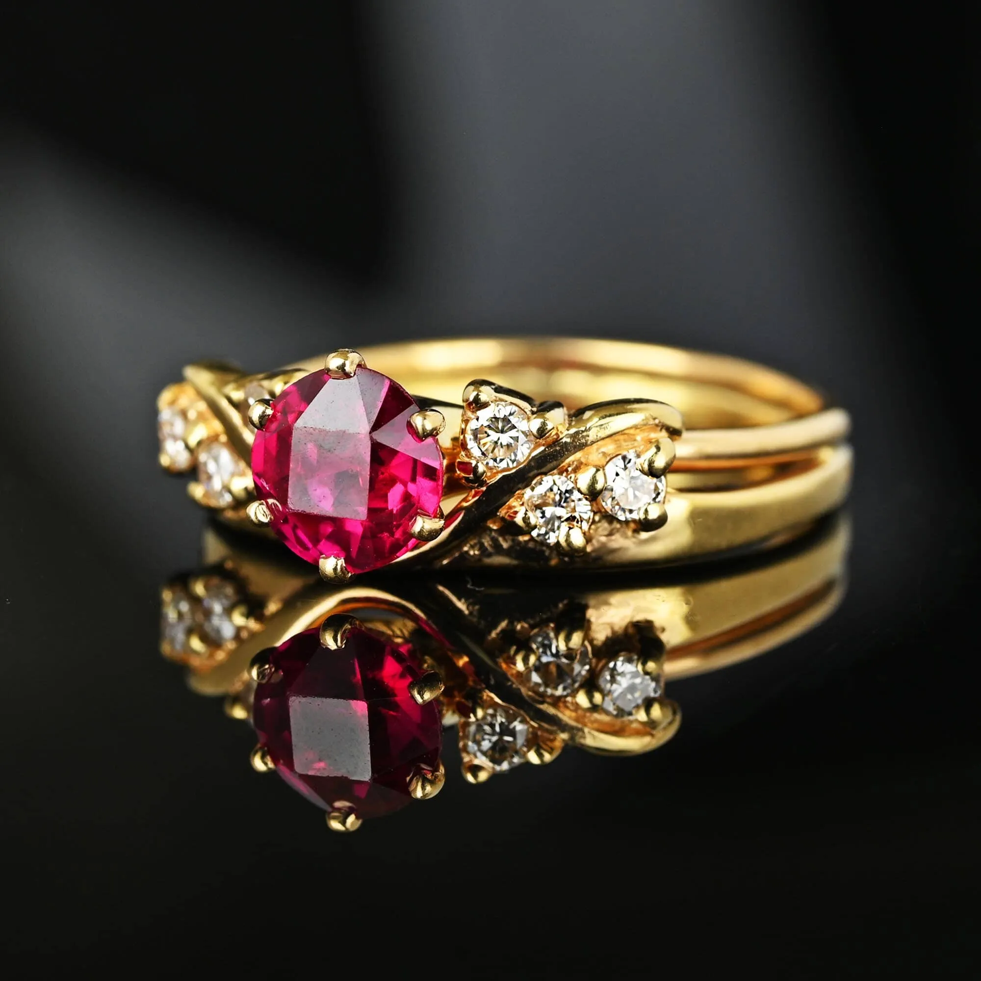 Vintage Ruby Solitaire Diamond Jacket Ring in 14K Gold